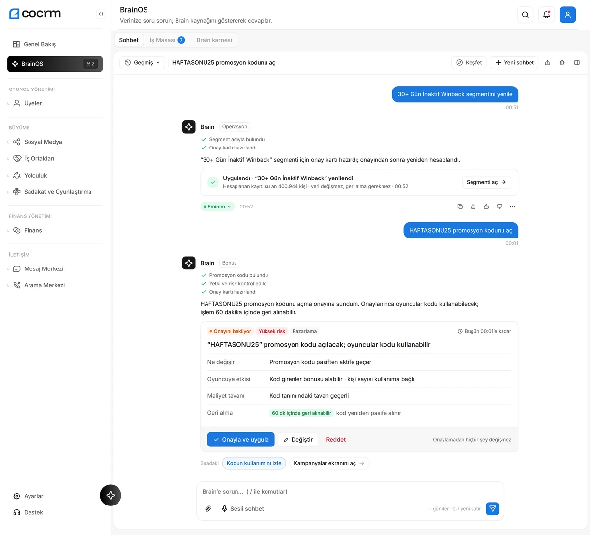 Cartão de aprovação do BrainOS: o Brain propõe abrir um código promocional com o motivo, o efeito no jogador, o teto de custo e o prazo para desfazer; nada muda até você aprovar.