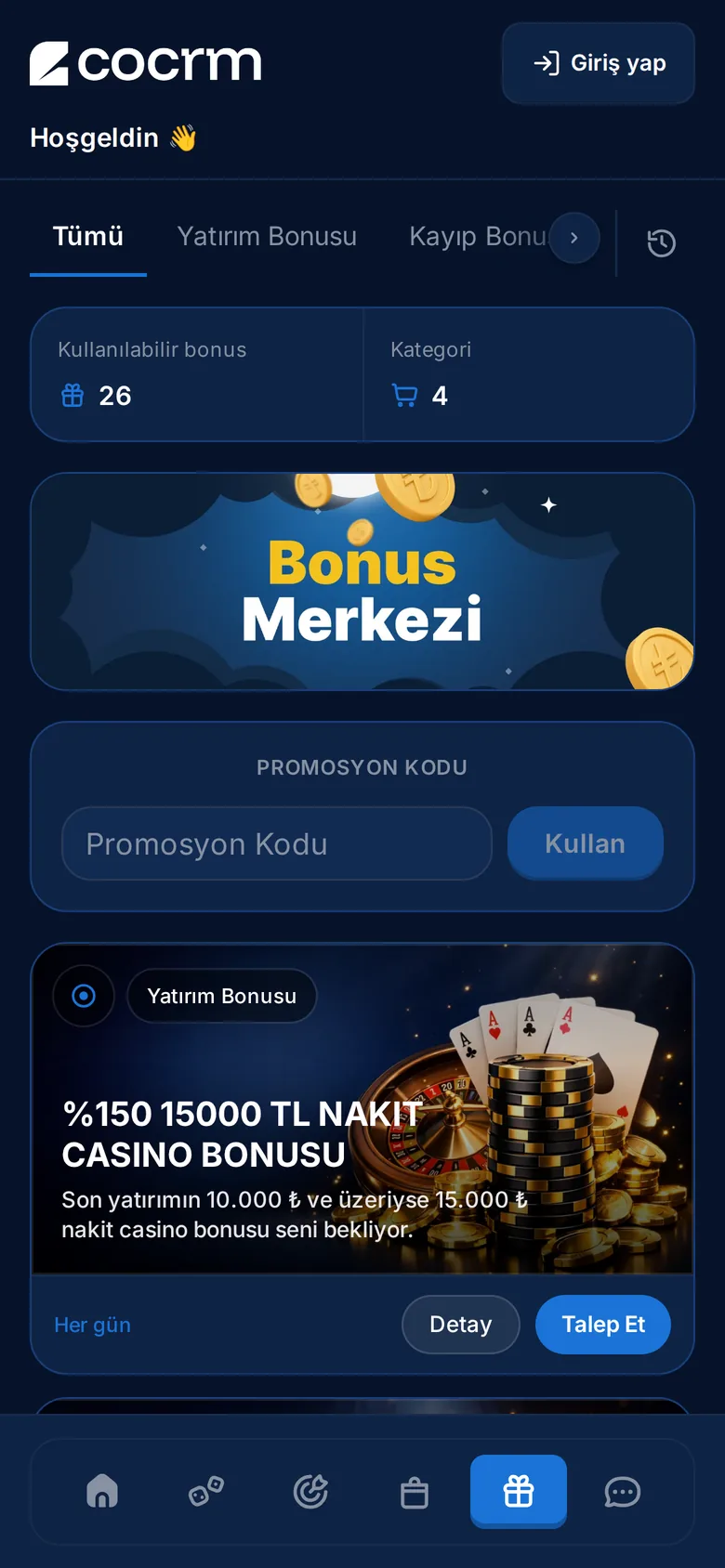 Centro de bonos de Smart Widget, mostrado en turco